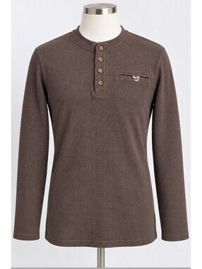 H2H Men’s Large Brown Waffle Knit Thermal Henley Shirt